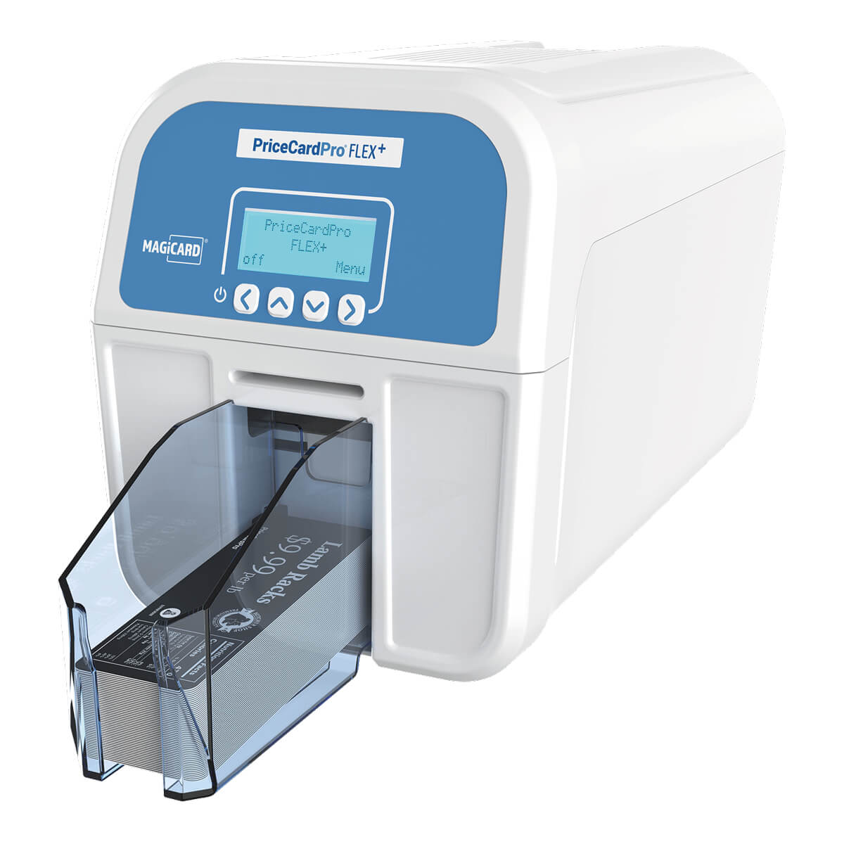 Magicard PriceCardPro Flex+ linke Seite mit Karten im Ausgabefach