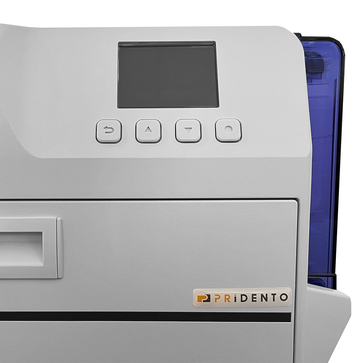 Kartendrucker_Pridento_K65_2389_front_1200x1200px_web Pridento K65 Retransfer-Kartendrucker Frontansicht Bedientfeld und Display