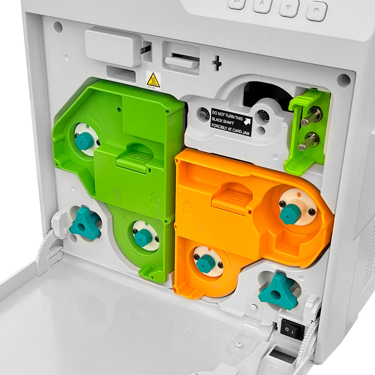 Pridento K65 Retransfer-Kartendrucker Innenansicht auf Farbband