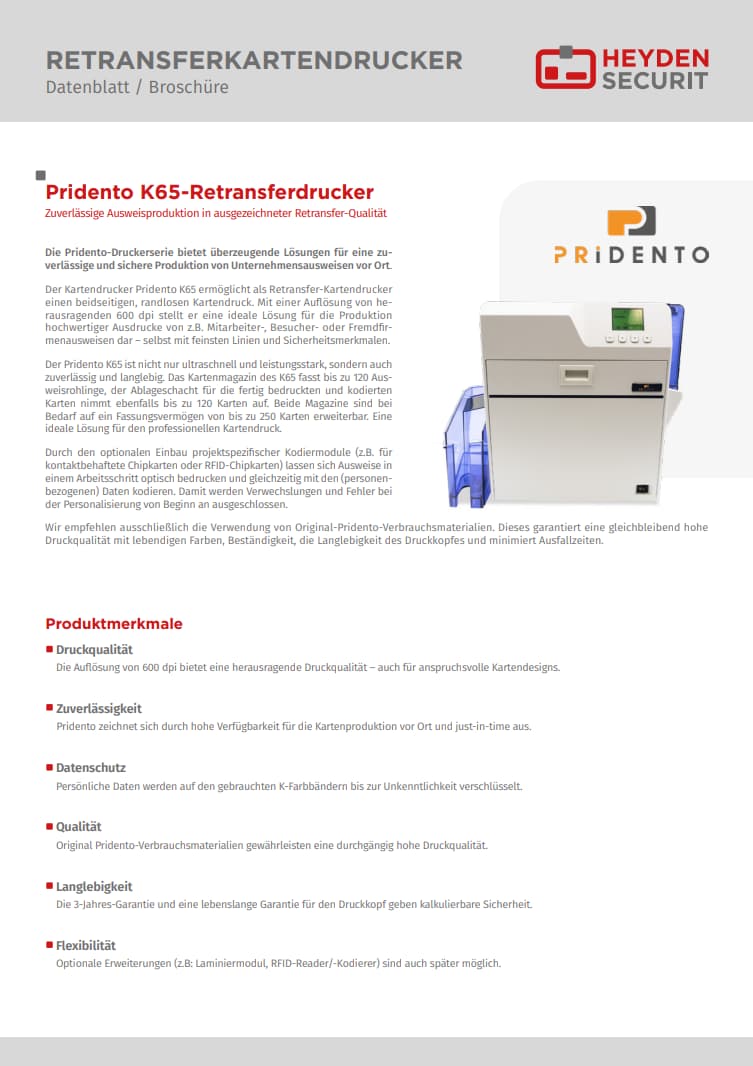 Pridento K65 Retransferkartendrucker Broschüre Deckblatt