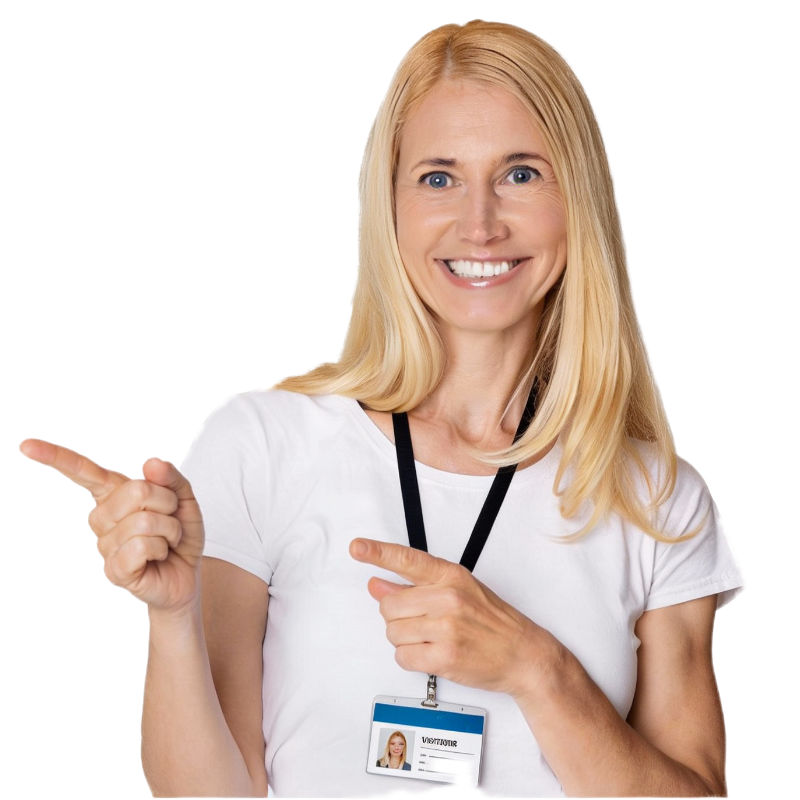 Frau mit Lanyard und Besucherausweis