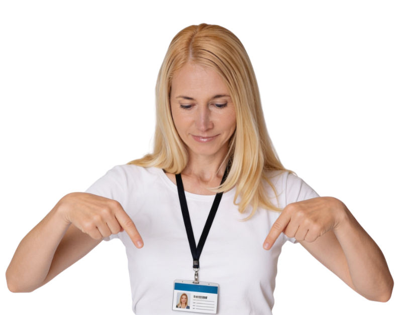 frau-badge-blick-unten-welcome Frau blickt und zeigt nach unten. Sie trägt einen Besucherausweis am Lanyard um den Hals